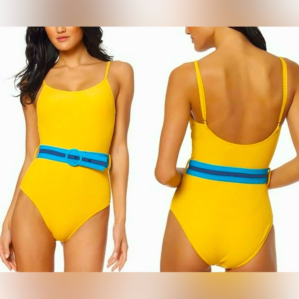 Jessica Simpson Ribbed Yellow Belted One Piece Maillot Size L Swimsuit NWT